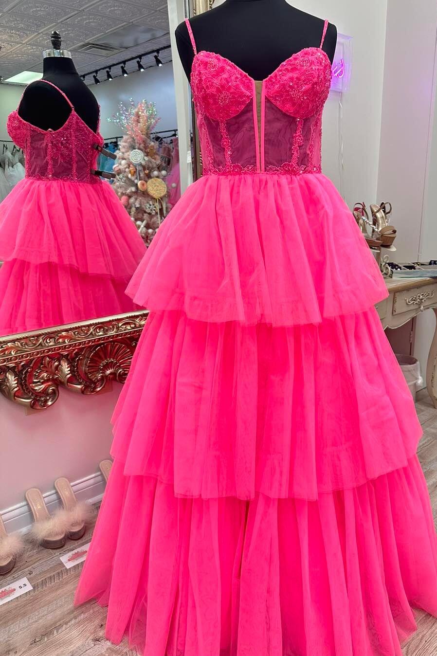 Pink Corset Tulle Ruffles A-line Formal Dress