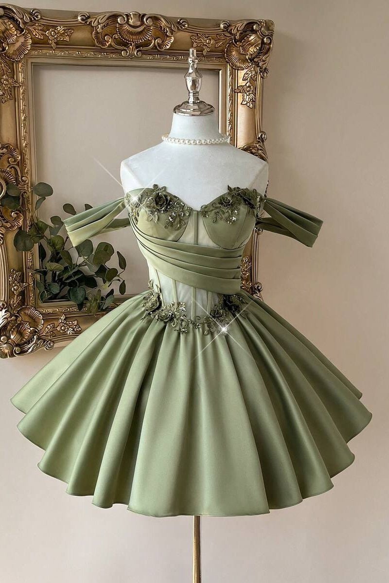 Sage A-line Off-Shoulder Corset Mini Dress