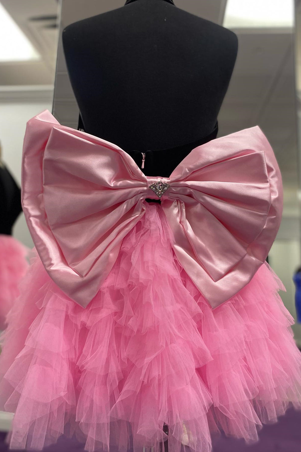 Tiered Black and Pink A-Line Strapless Tulle Little Black Dress main image 1