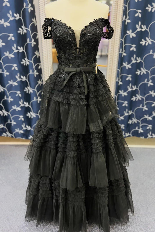 Black Off the Shoulder Tulle Tiered Ruffles Gown