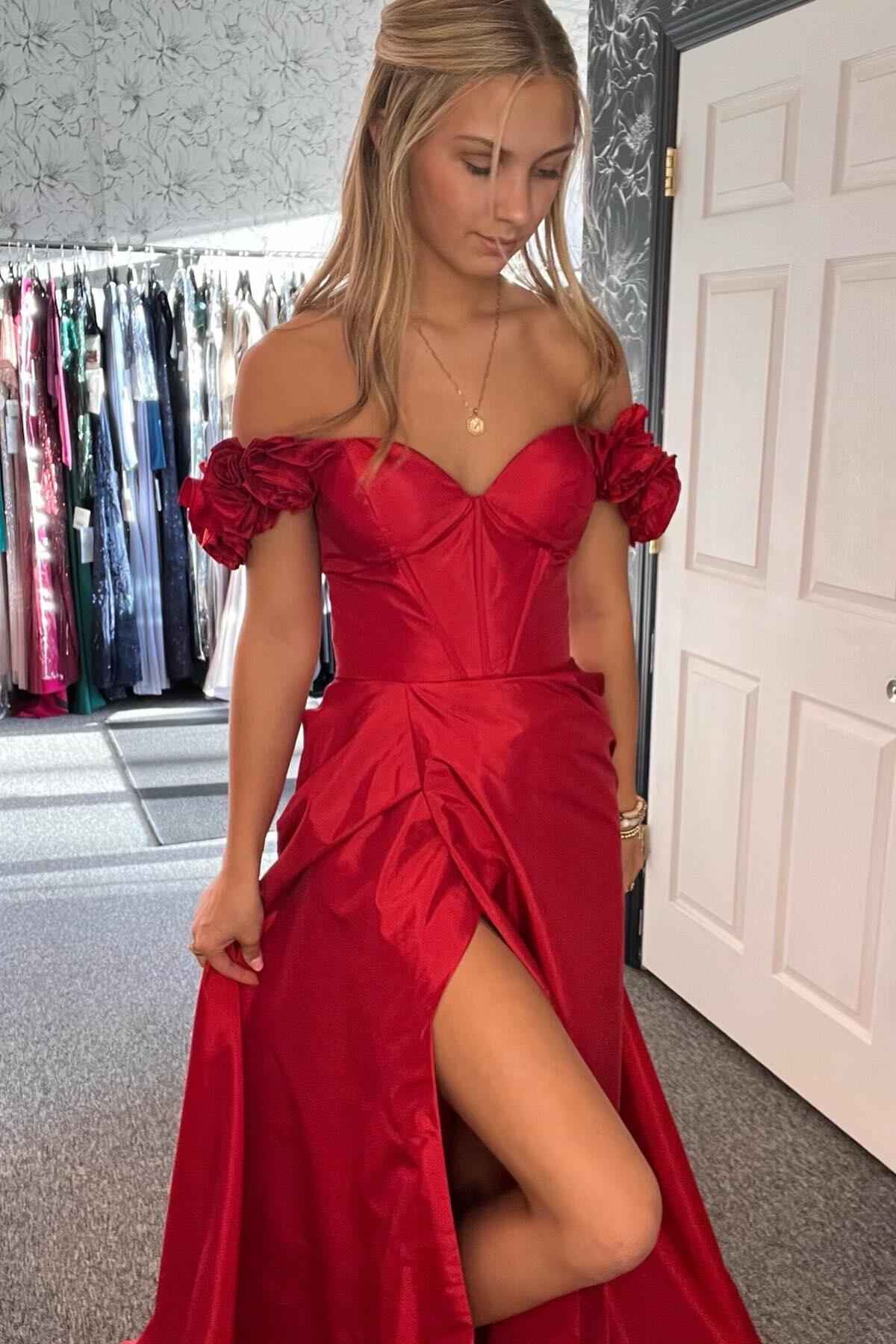 Off the Shoulder Red A-line Long Prom Dress