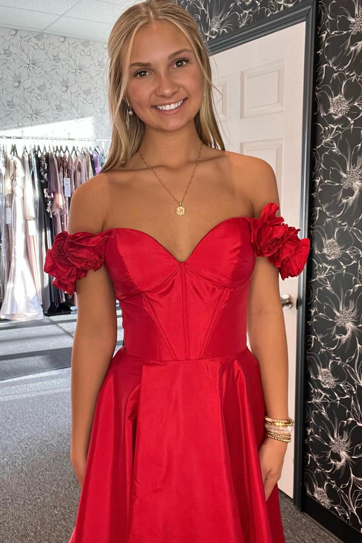 Off the Shoulder Red A-line Long Prom Dress