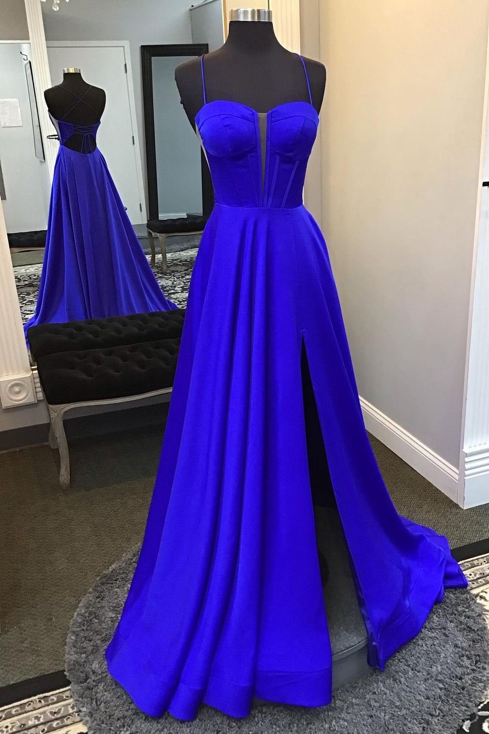 Royal Blue Straps Off Shoulder Satin Sheath Long Party Dress, DP3822 main image 1