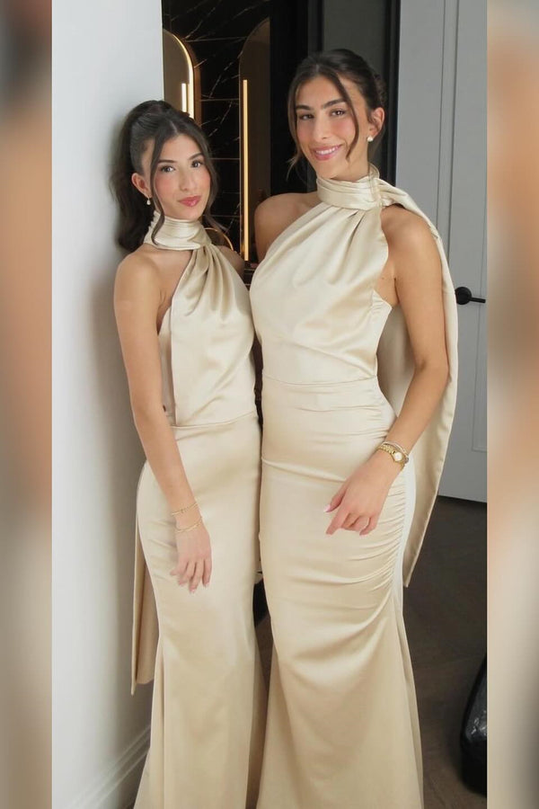 Sheath Sleeveless V-neck Pleated Long Dress Champagne main image 1