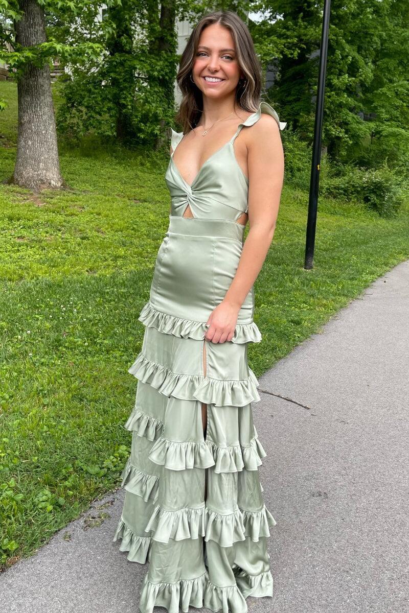Knotted Sage Ruffles A-line Slit Maxi Dress – Dressesforparty