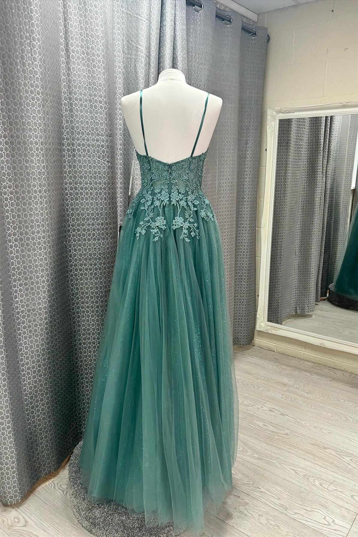 Straps Teal Green Lace Appliques Long Prom Dress