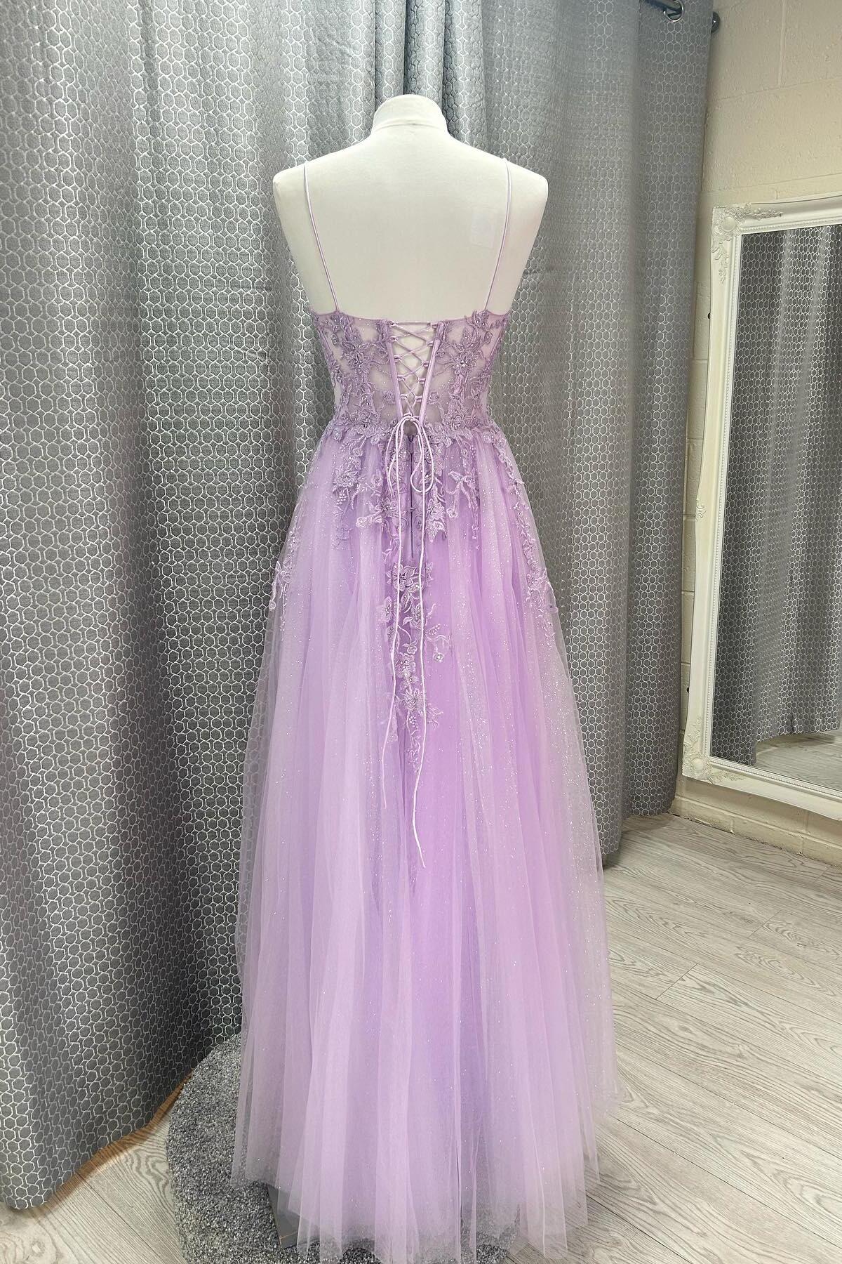 Lavender Lace Appliques A-line Prom Dress