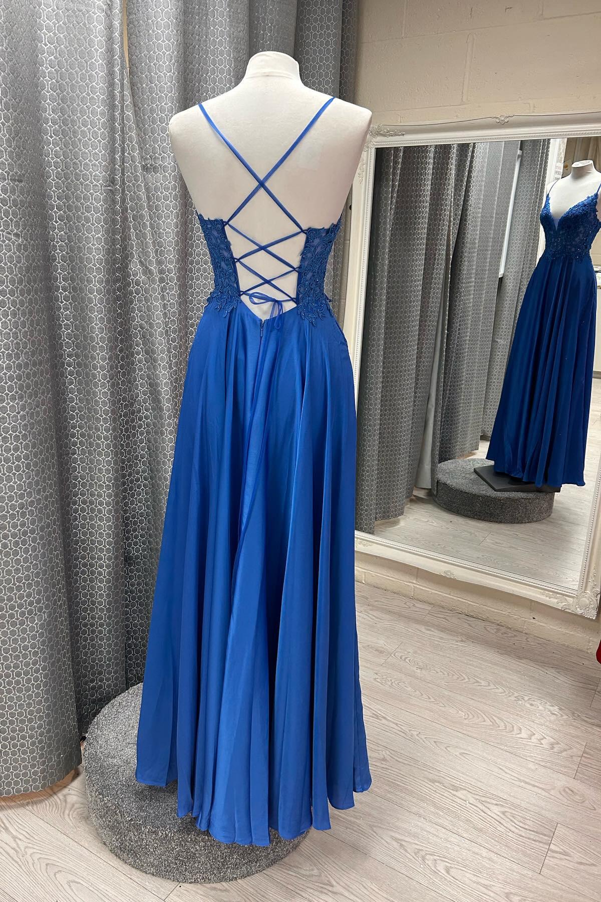 Straps Royal Blue Lace Appliques A-line Prom Dress
