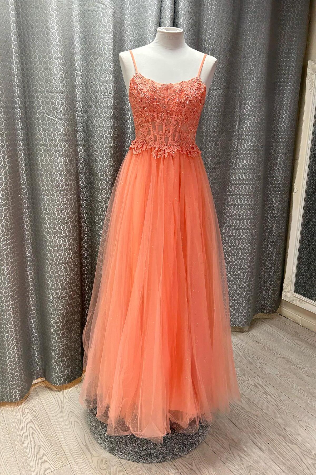 Straps Orange Lace Appliques Tulle Prom Dress