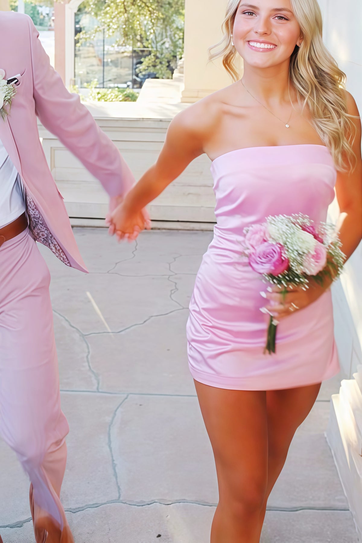 Strapless Pink Tight Mini Dress with Slit