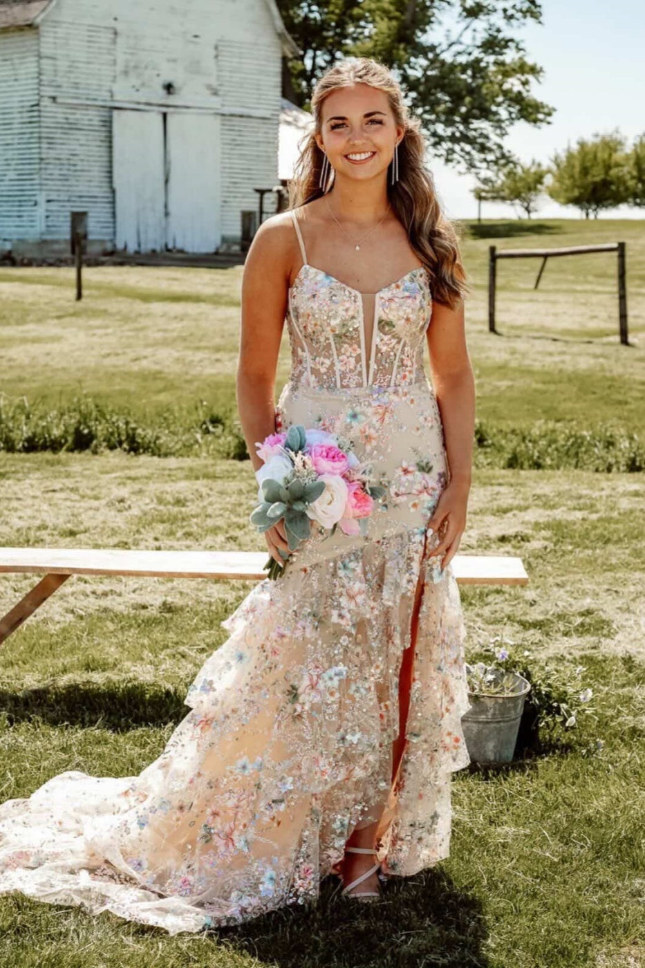 Champagne Floral Mermaid Ruffle Dress