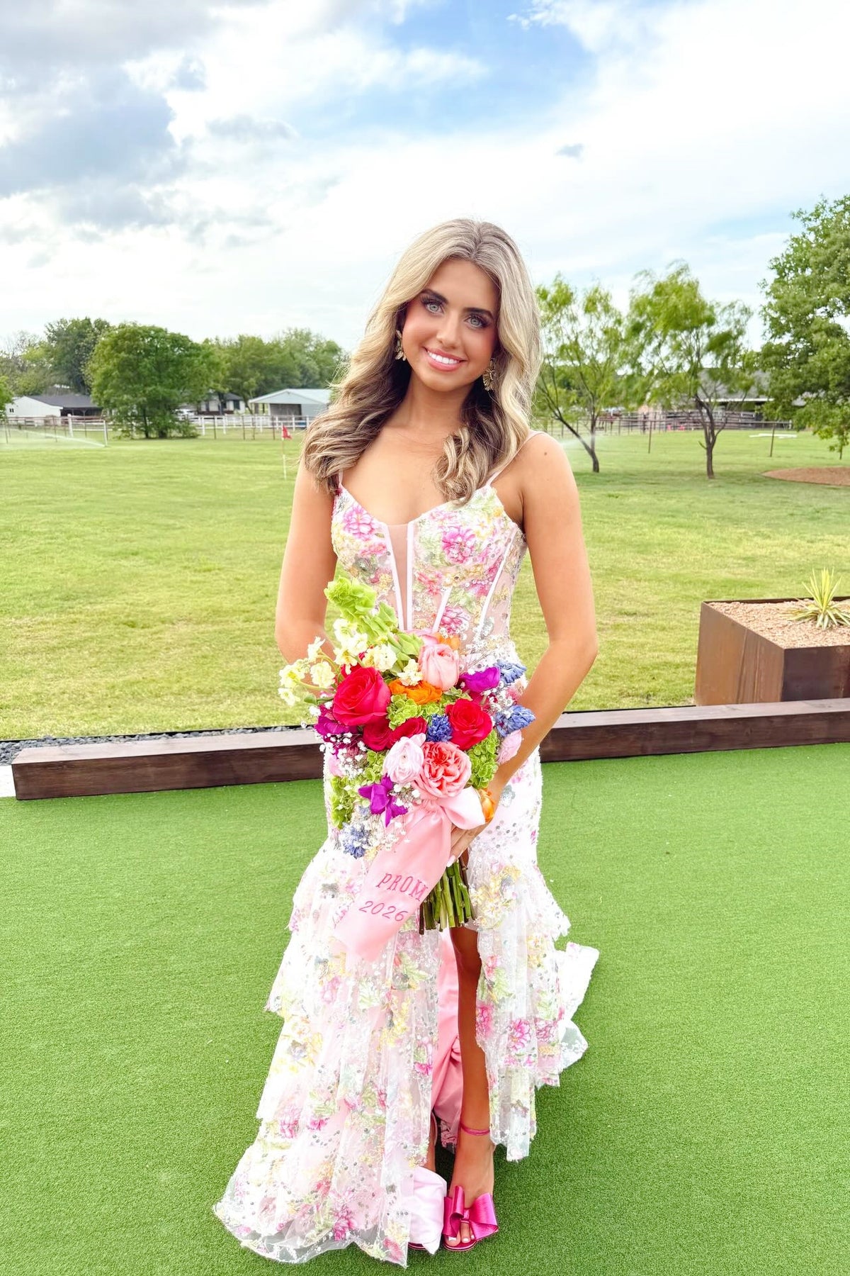 Pink Beaded Floral Mermaid Ruffle Long Dress