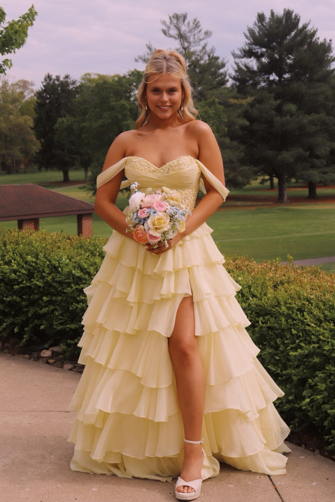 Yellow Off-the-Shoulder Embroidered A-Line Dress