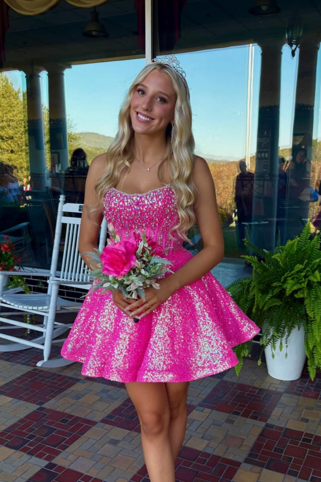 Hot Pink Strapless Rhinestone Mini Dress
