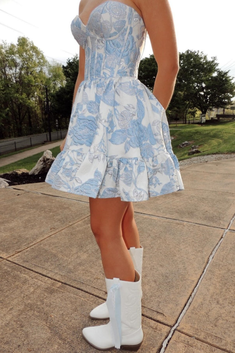 Blue Floral Sweetheart A-line Short Princess Dress
