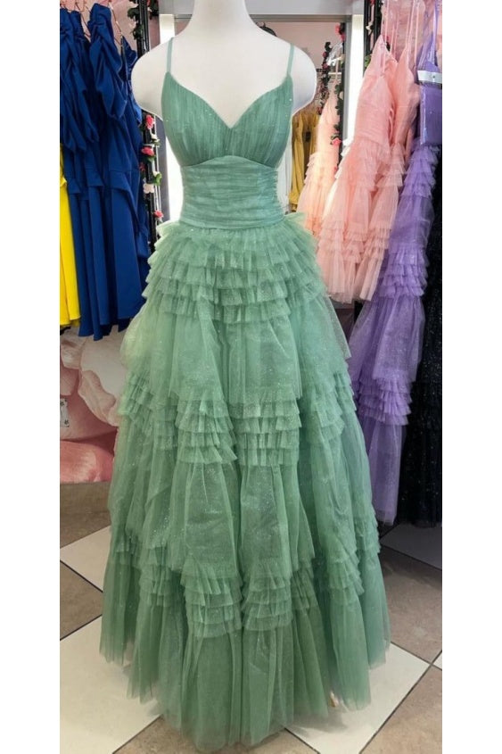 Straps Periwinkle Tulle Tiered Ruffles Formal Gown