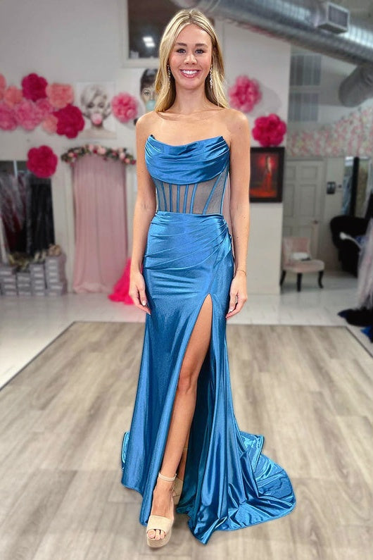 Blue Strapless Mermaid Long Formal Dress