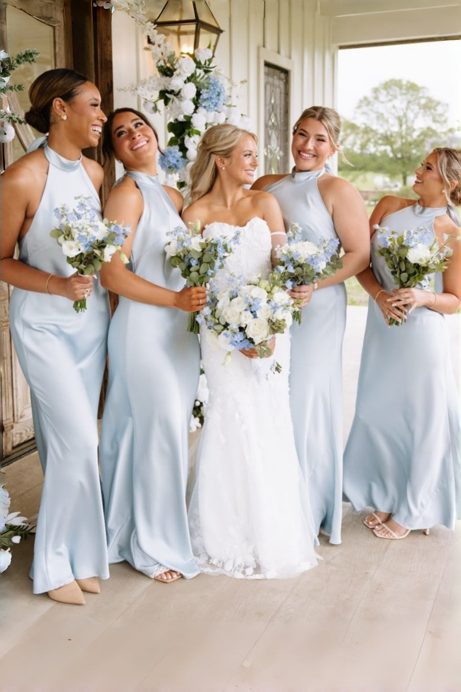 Light Blue Halter Neck Fitted Bridesmaid Dress