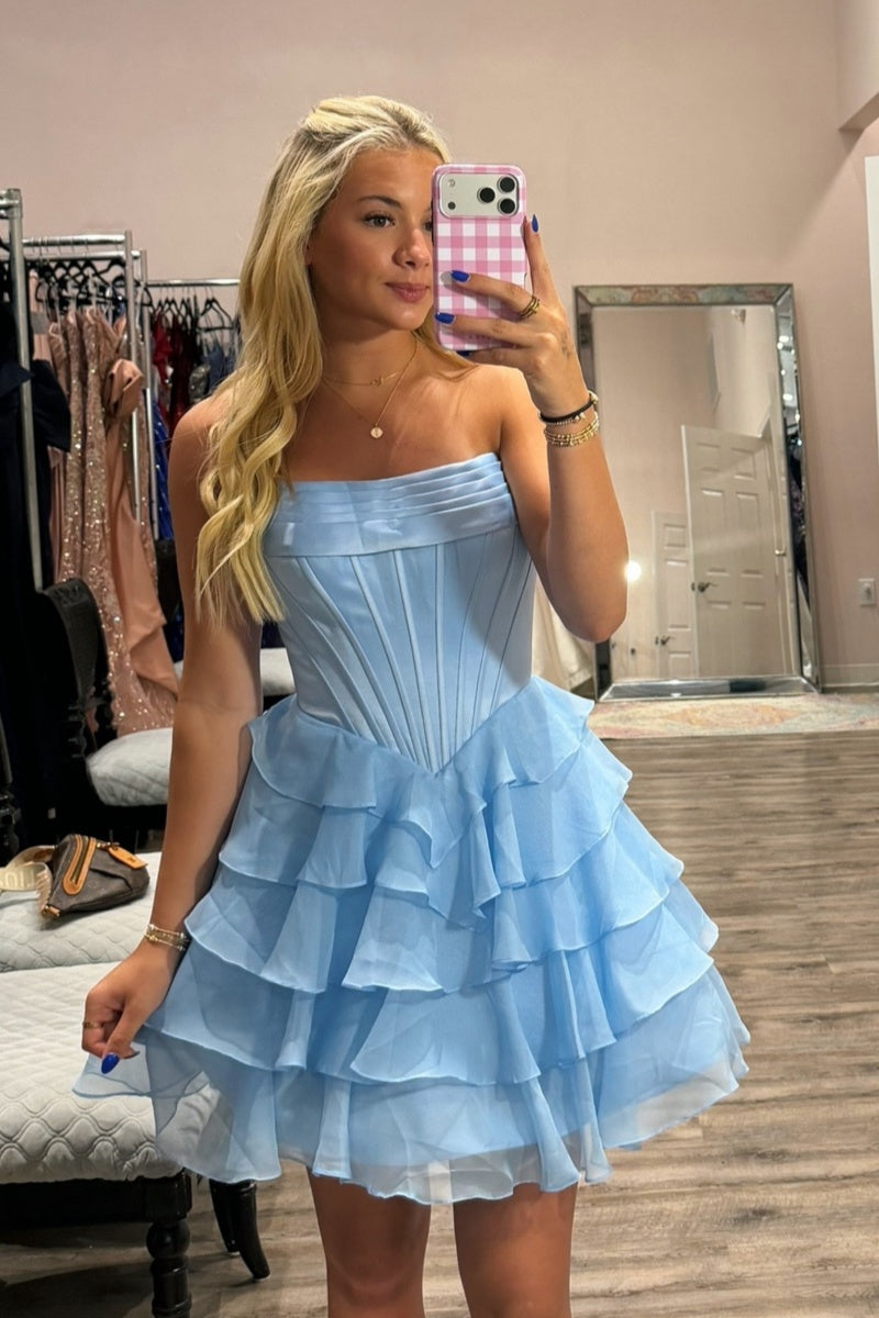 Blue Chiffon Strapless Ruffle Mini Dress