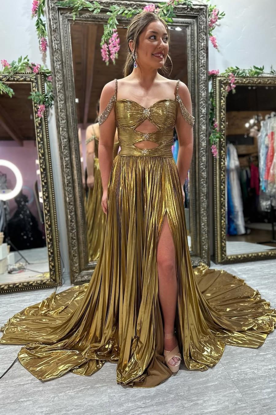 Off the Shoulder Gold Metallic Pleated Long Formal Gown – Dressesforparty