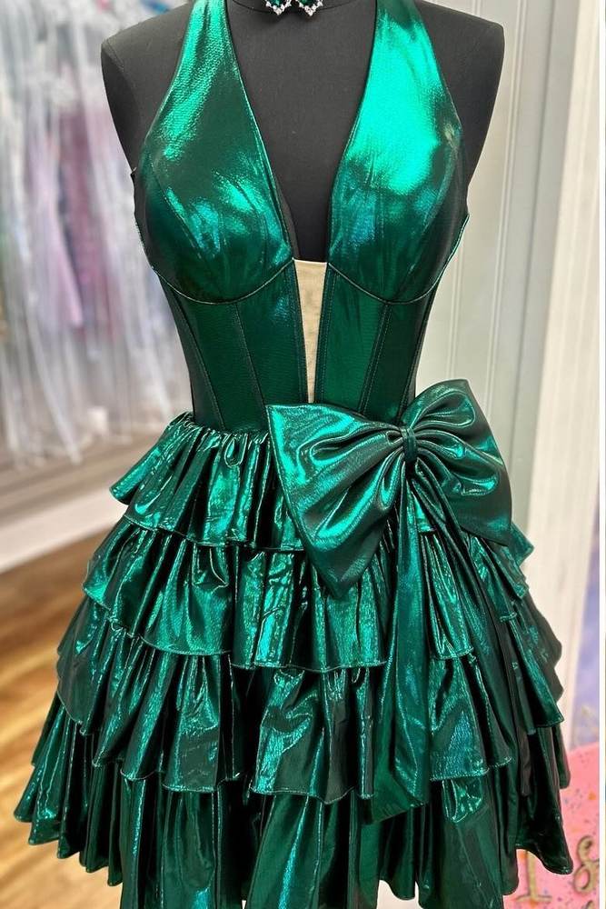Halter Green Metallic Ruffle Short Homecoming Dress Dressesforparty Halter Green Metallic Ruffle Short Homecoming Dress Dressesforparty