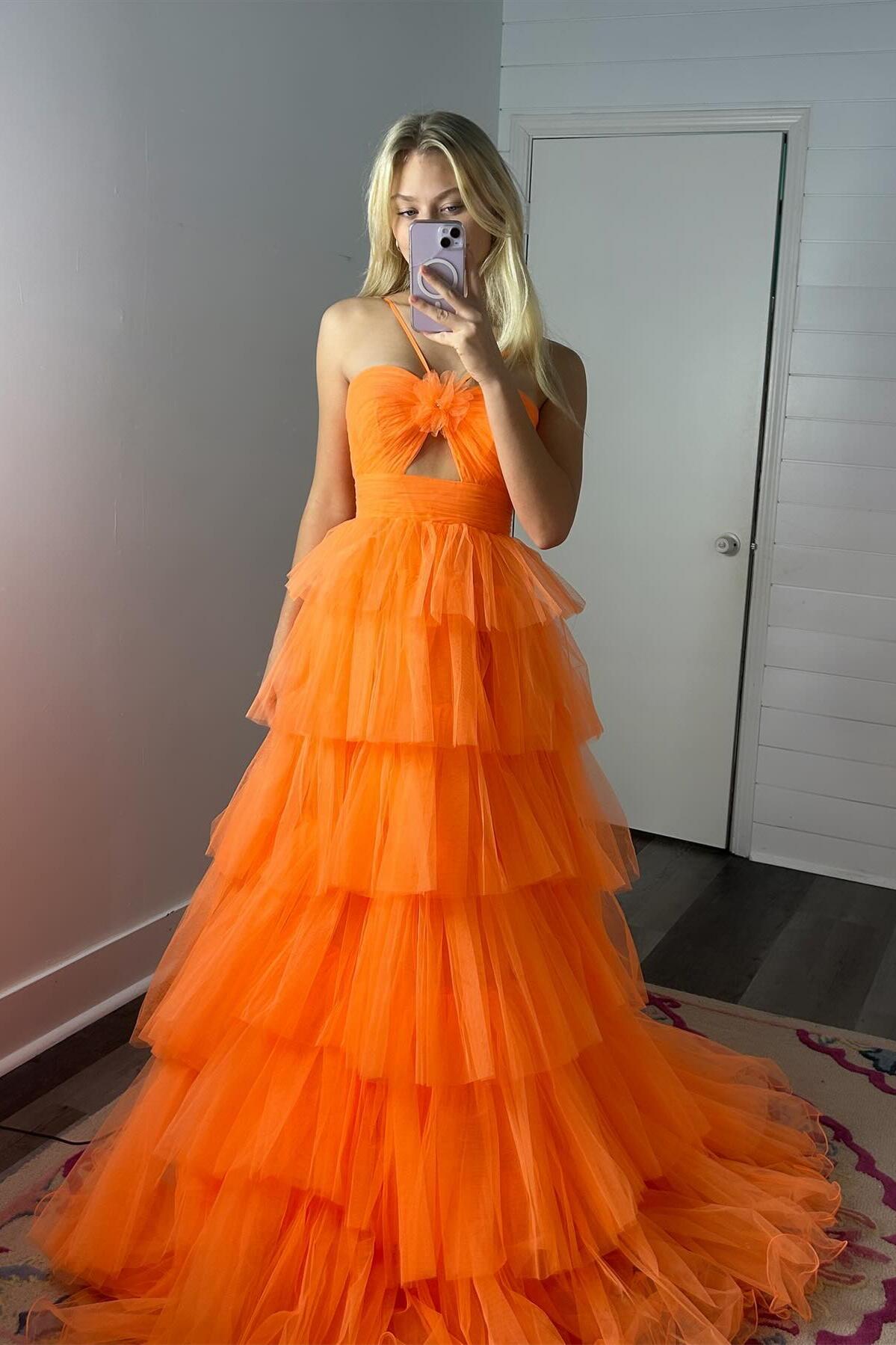 Orange Halter Tulle Tiered A-line Long Party Dress – Dressesforparty
