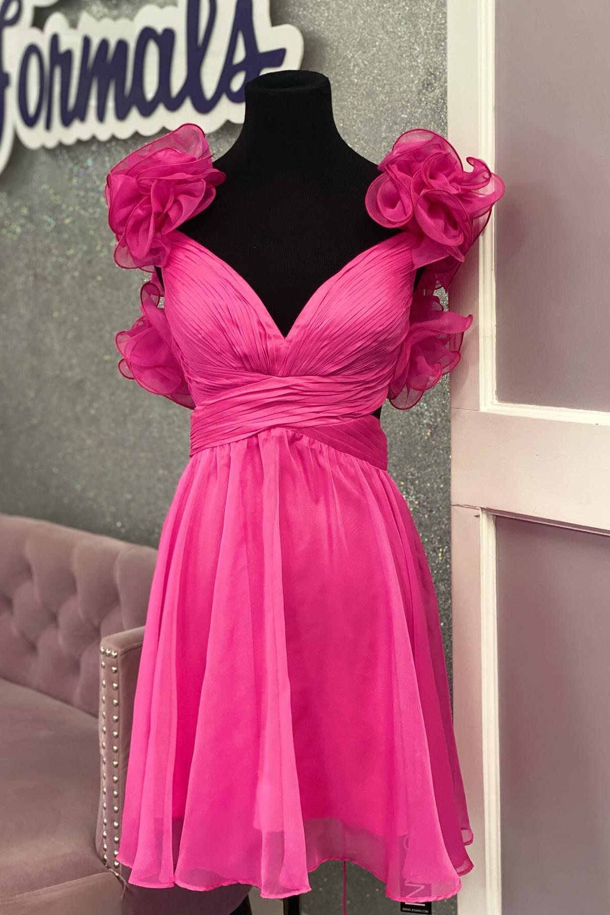 Hot Pink Ruffles Strapls Pleated A-line Short Dress Dressesforparty Hot Pink Ruffles Strapls Pleated A-line Short Dress Dressesforparty