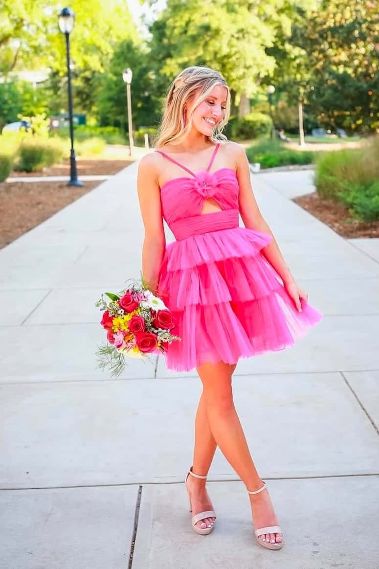 Hot Pink Halter Tulle Tiered Short Party Dress