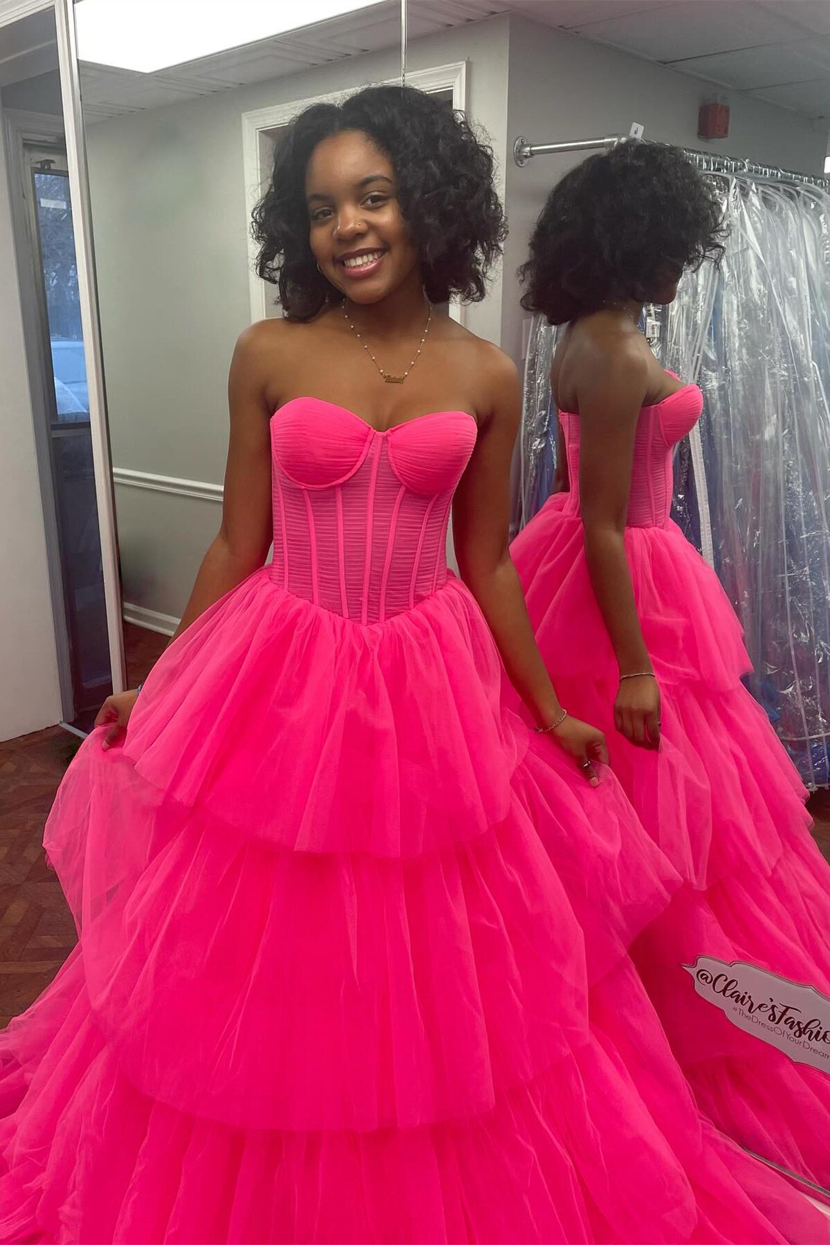 Hot Pink Corset Sweetheart Tiered Ruffles Long Prom Dress