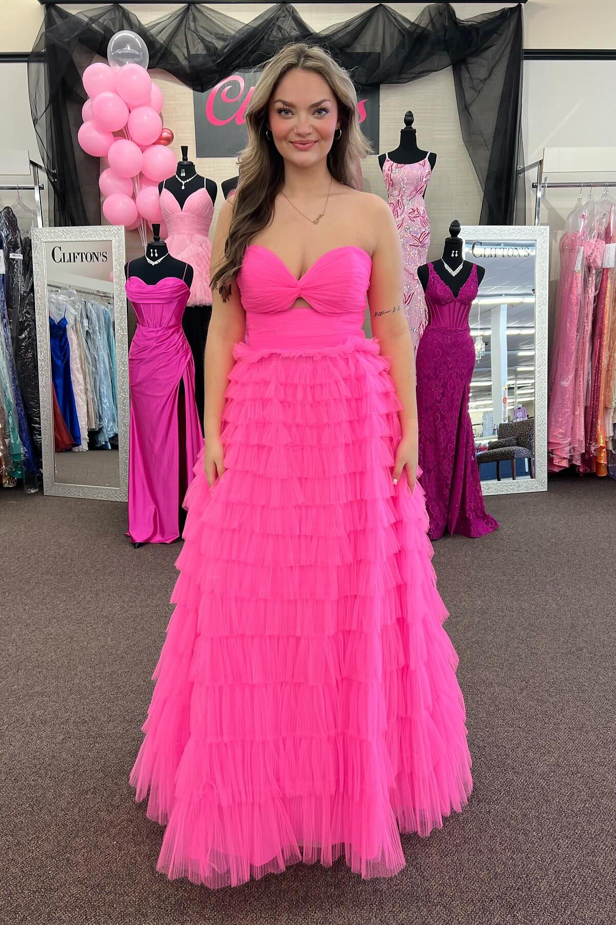 Knotted Hot Pink Tulle Tiered A-line Long Dress  Dressesforparty