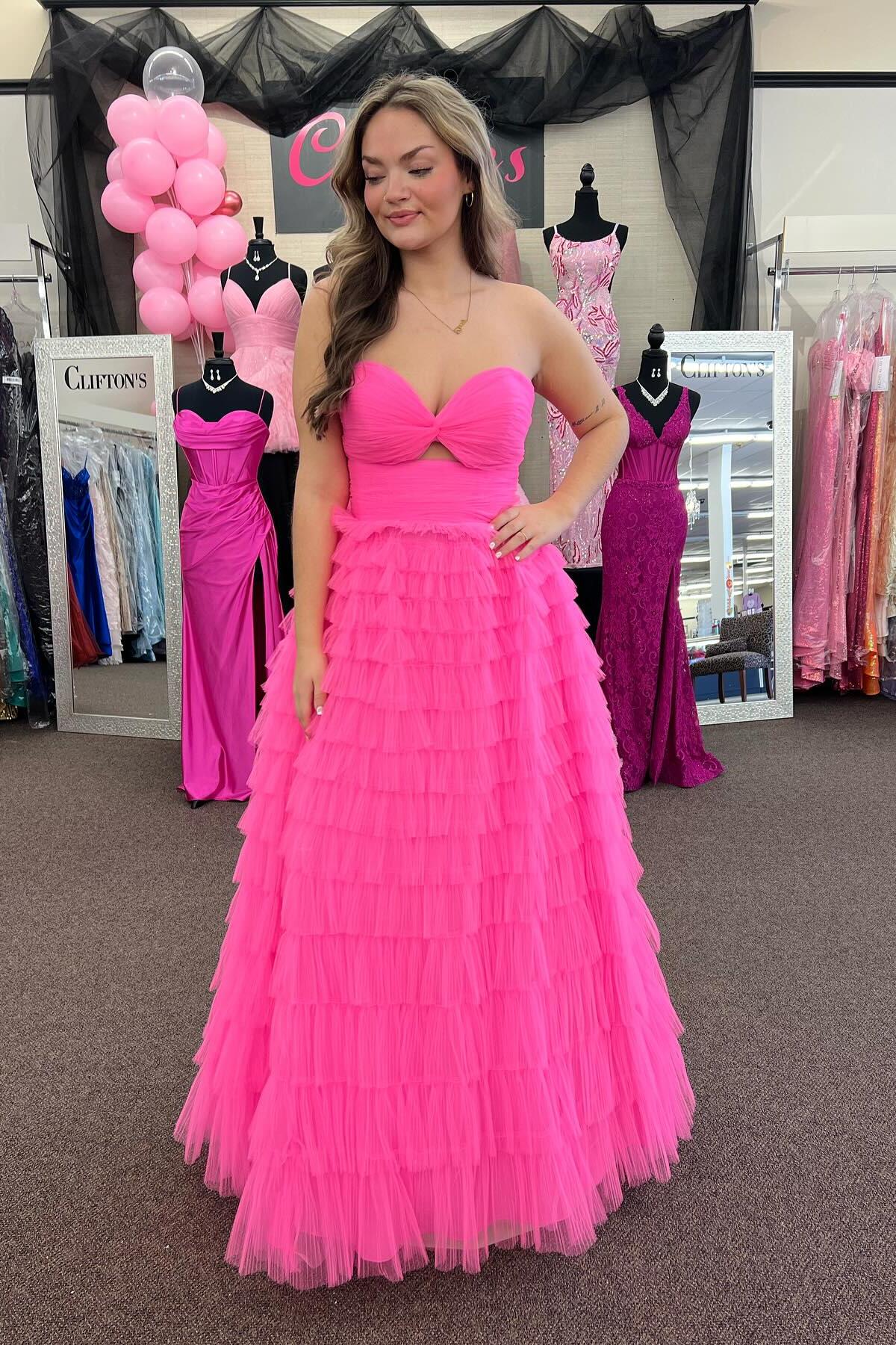 Knotted Hot Pink Tulle Tiered A-line Long Dress Dressesforparty Knotted Hot Pink Tulle Tiered A-line Long Dress Dressesforparty