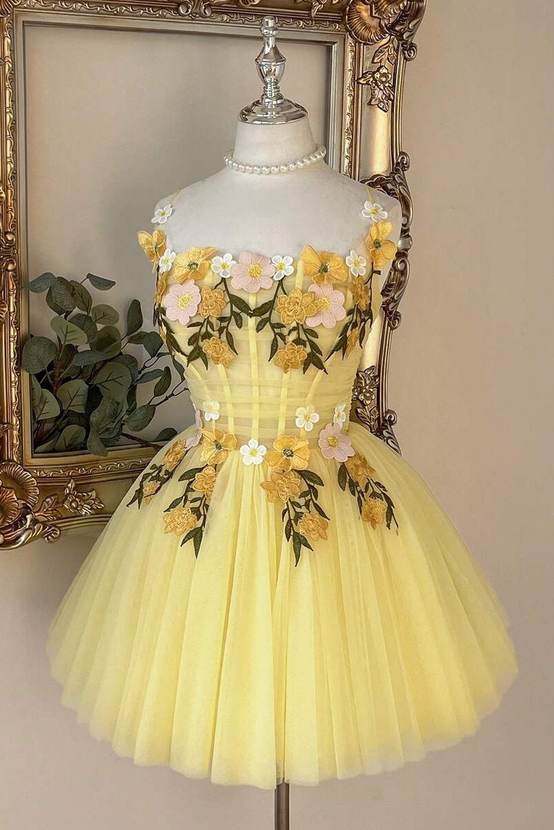 yellow a line mini dress A&A Elara Yellow Strapless Embroidered Flower A-Line Mini Dress