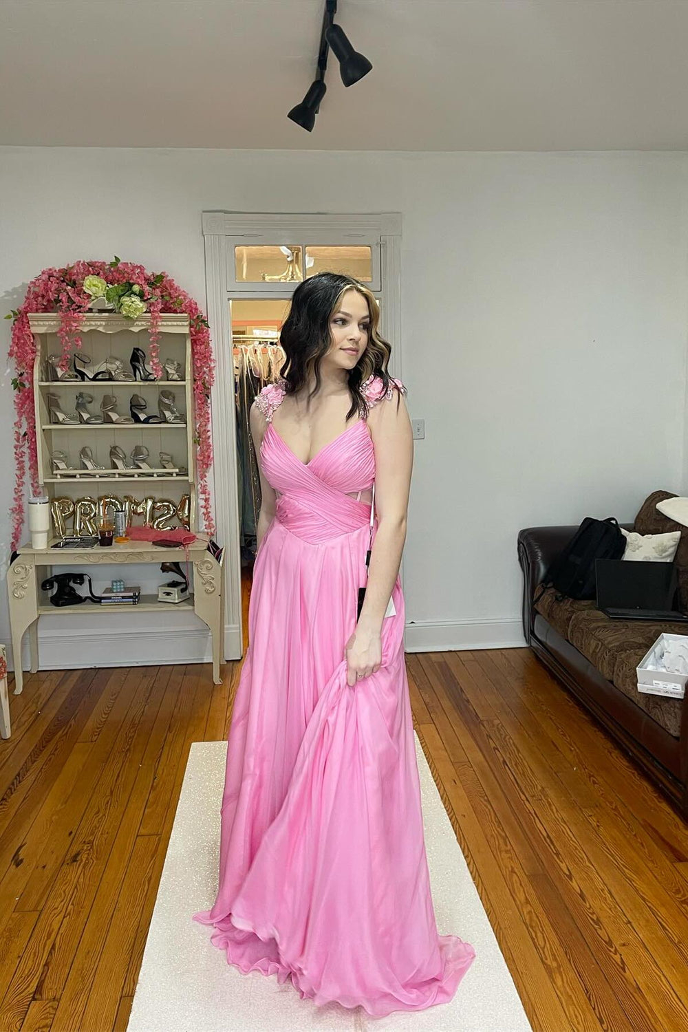 Rose Pink Long Sleeves A-Line Chiffon Long Formal Party Dress, DP4360 main image 1