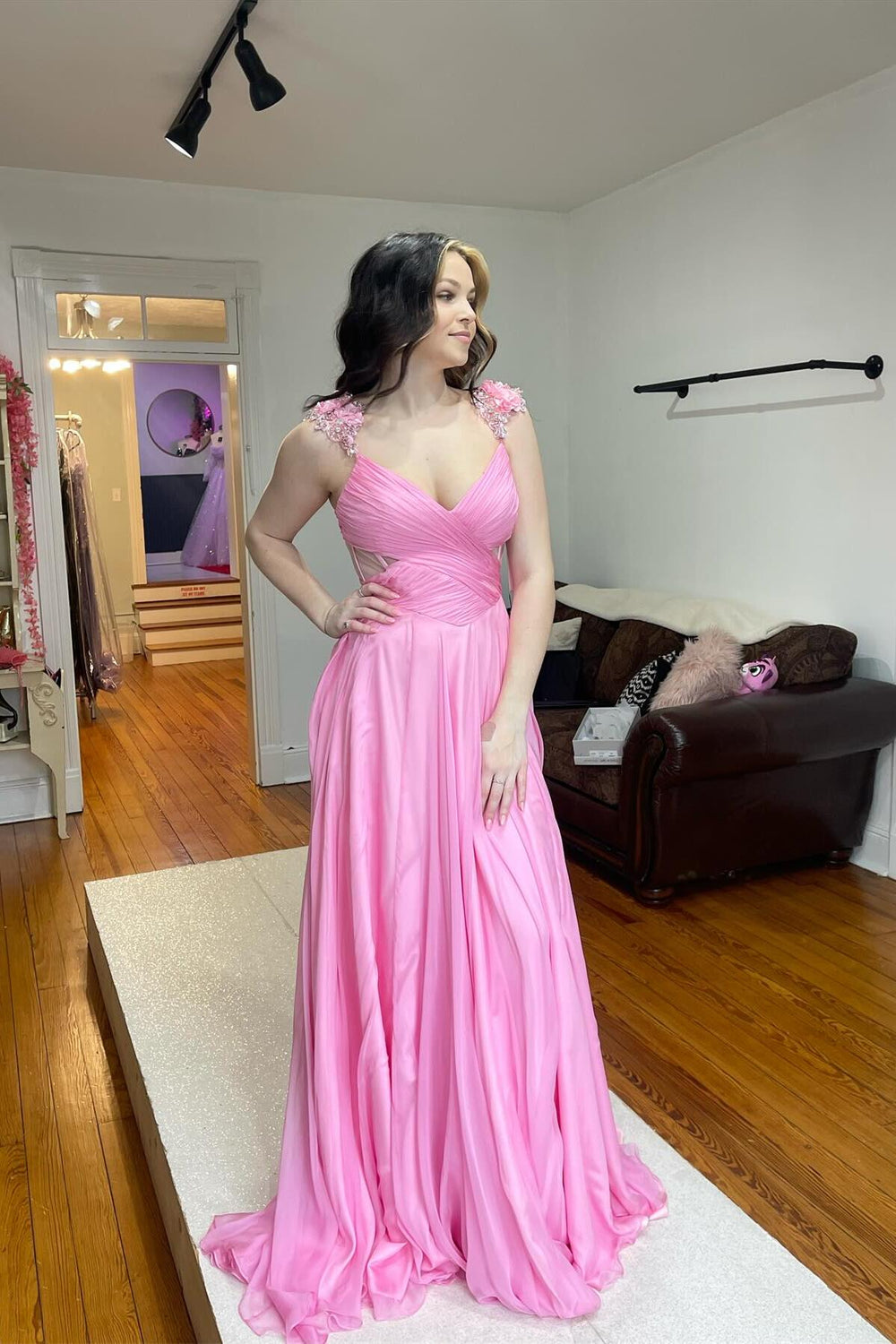 Soft Pink A Line Halter Chiffon Long Prom Dress, Evening Dress main image 0
