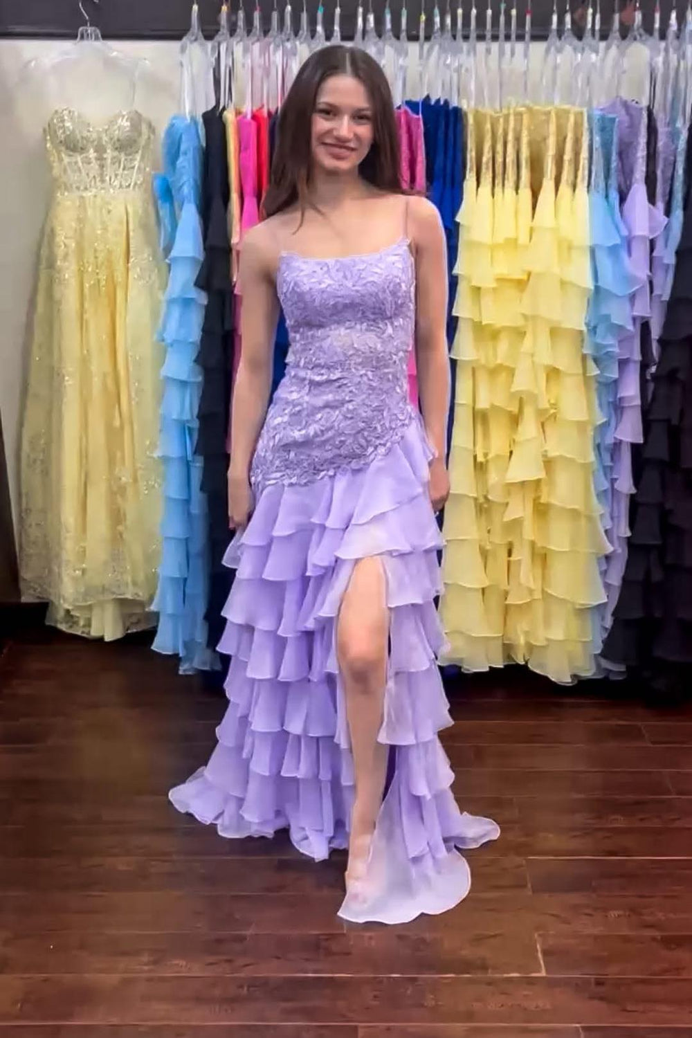 Vintage Lavender Spaghetti Strap 3D Floral Mermaid Ruffled Evening Dress DP8087