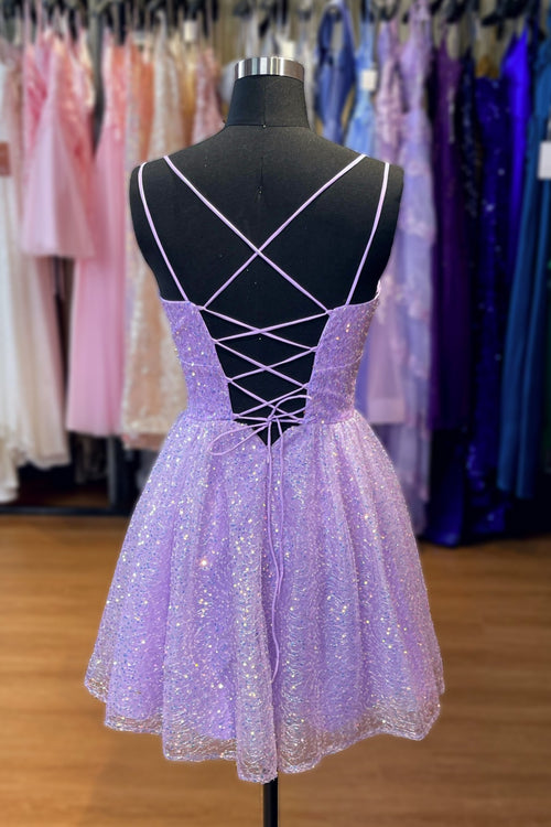 Lavender Straps Lace Sequins A-Line Short Homecoming Dress Birthday Outfits, DP3128 main image 0
