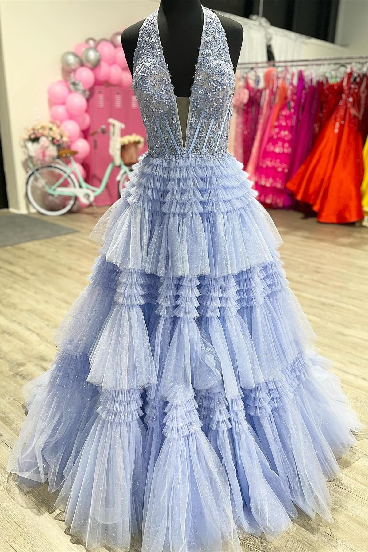Halter Pink Appliques and Tulle Tiered Formal Dress Dressesforparty Halter Pink Appliques and Tulle Tiered Formal Dress Dressesforparty