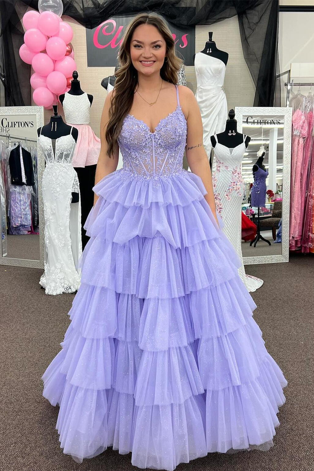 Light Blue Strapless Floral Tiered Ruffle Prom Dresses main image 1