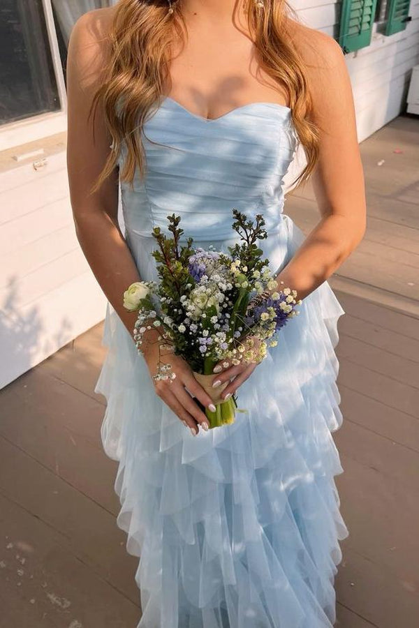 Light Blue Tulle Sweetheart Layers Prom Dress, A-line Blue Long Party Dress Evening Dress main image 1