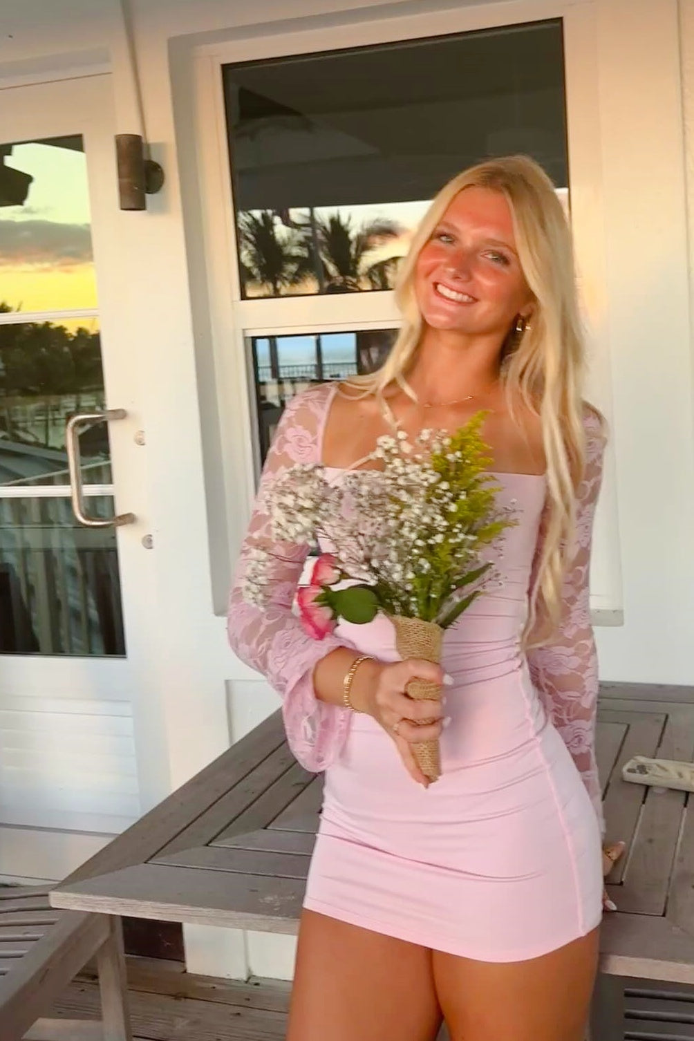 Pink Fitted Mini Dress with Long Sleeves