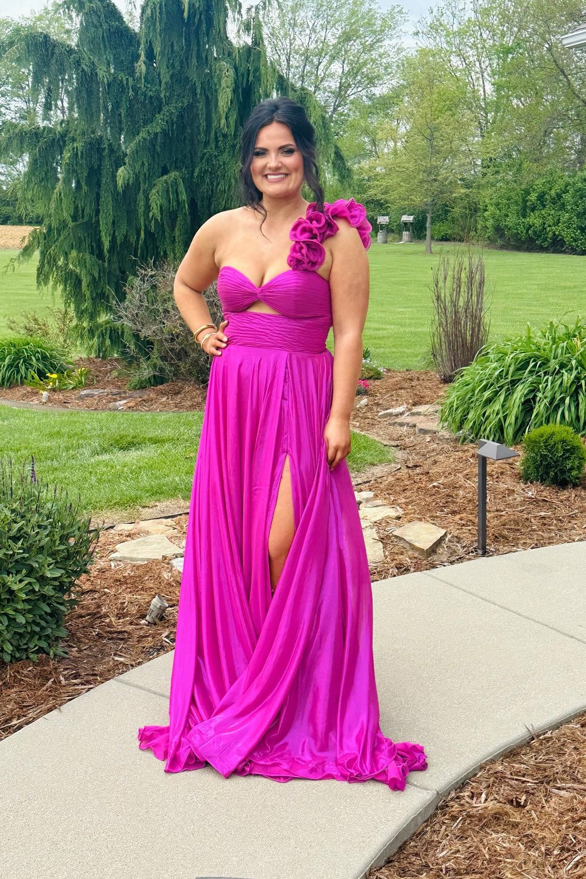 One Shoulder Fuchsia Keyhole A-line Long Prom Dress – Dressesforparty