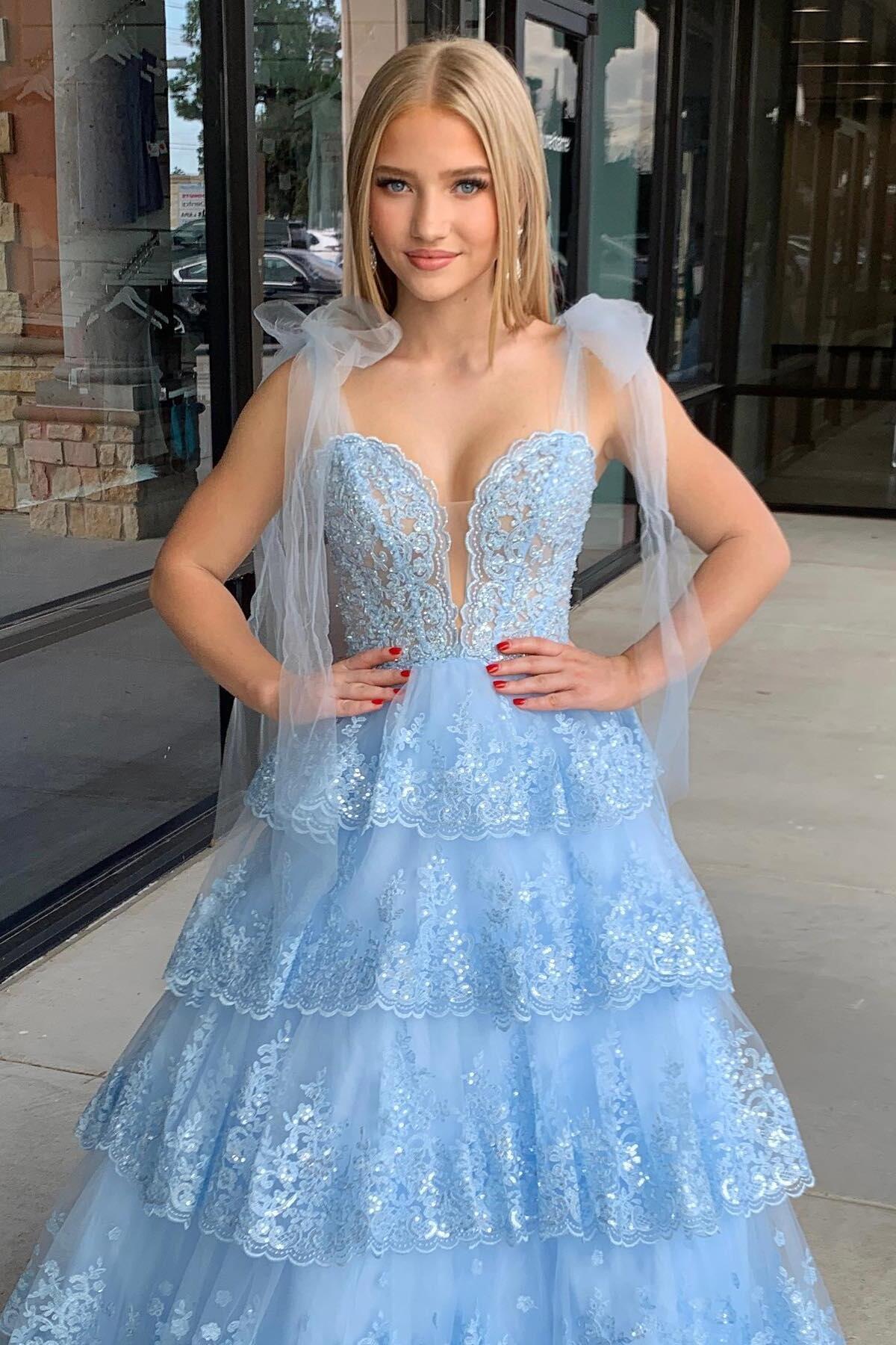 Light Blue Appliques Tiered Ruffle Prom Gown