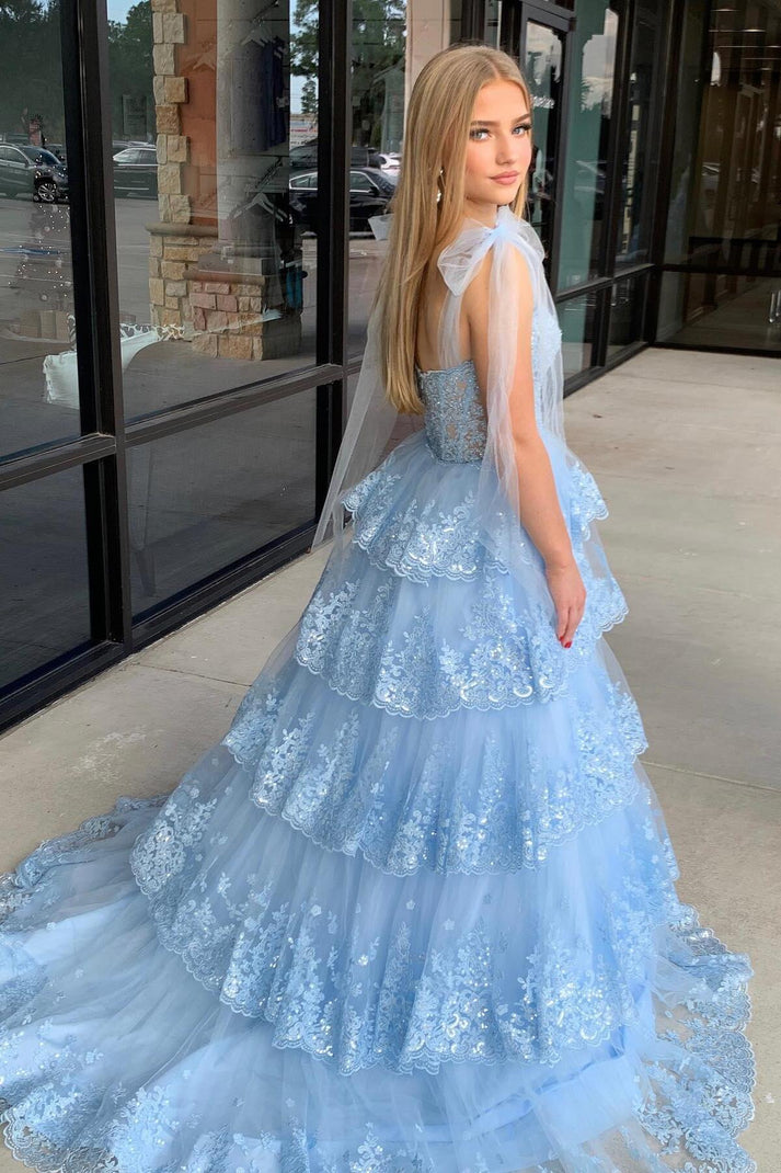 Light Blue Appliques Off-the-Shoulder Ruffle Tiered Long Prom Dress main image 1
