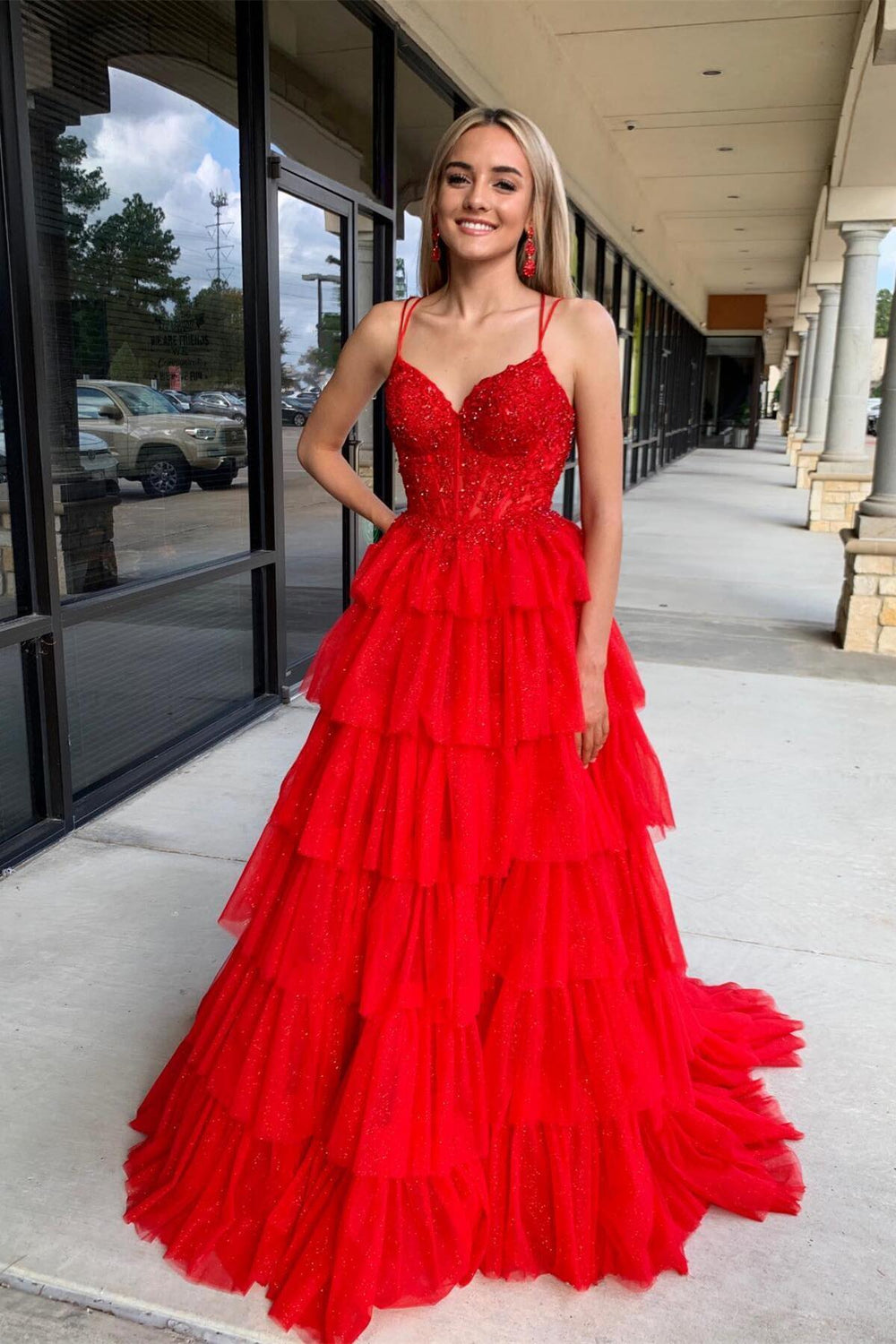Straps Light Blue Appliques Ruffles Long Formal Gown