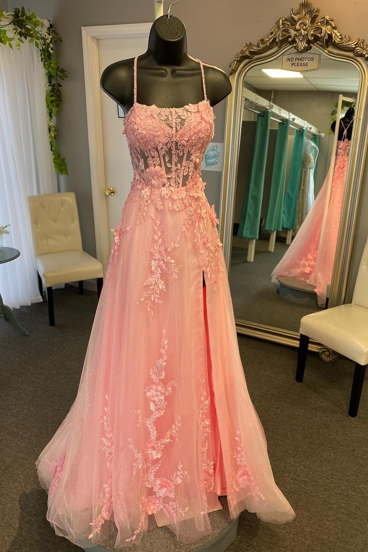 Straps Pink Floral Embroidered A-line Long Formal Dress