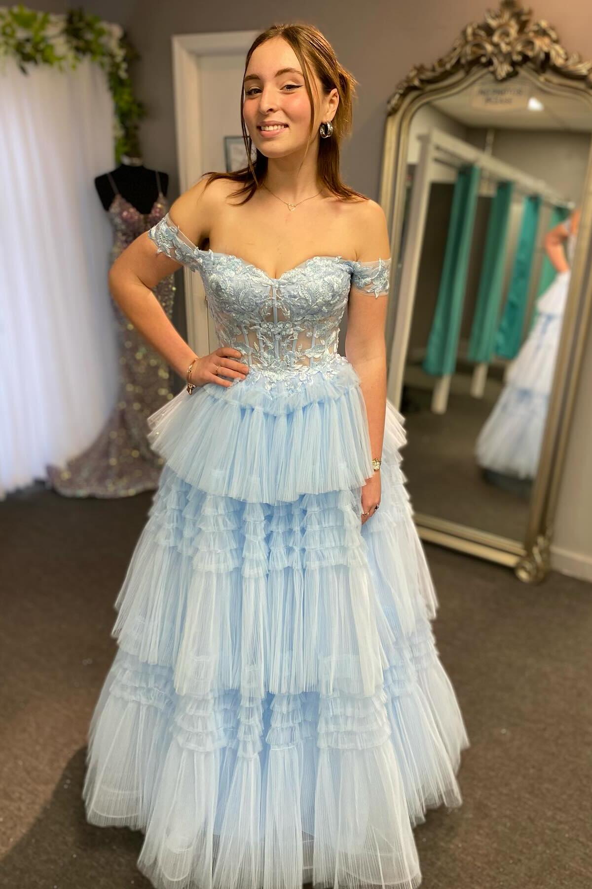 Off the Shoulder Light Blue Tulle Tiered Prom Dress