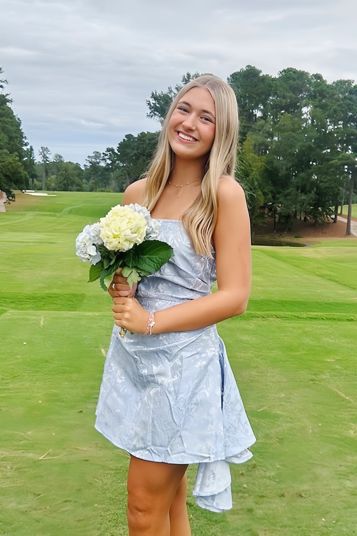 Blue Embroidered A-line Asymmetric Hem Dress