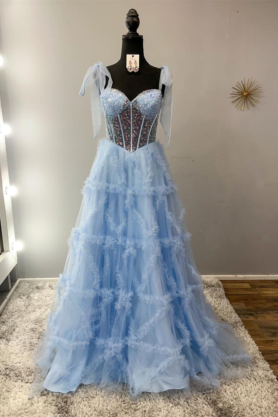 Beaded Sheer Corset Light Blue Formal Dress – Dressesforparty