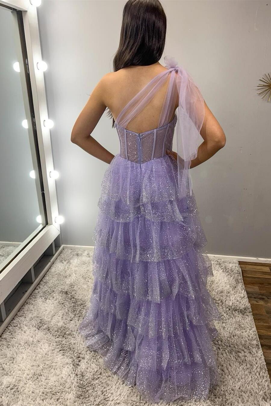 One Shoulder Lavender Sequin Tulle Ruffles Formal Dress