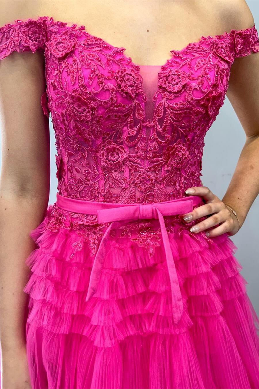 Off the Shoulder Fuchsia Appliques Tiered Ruffles Gown